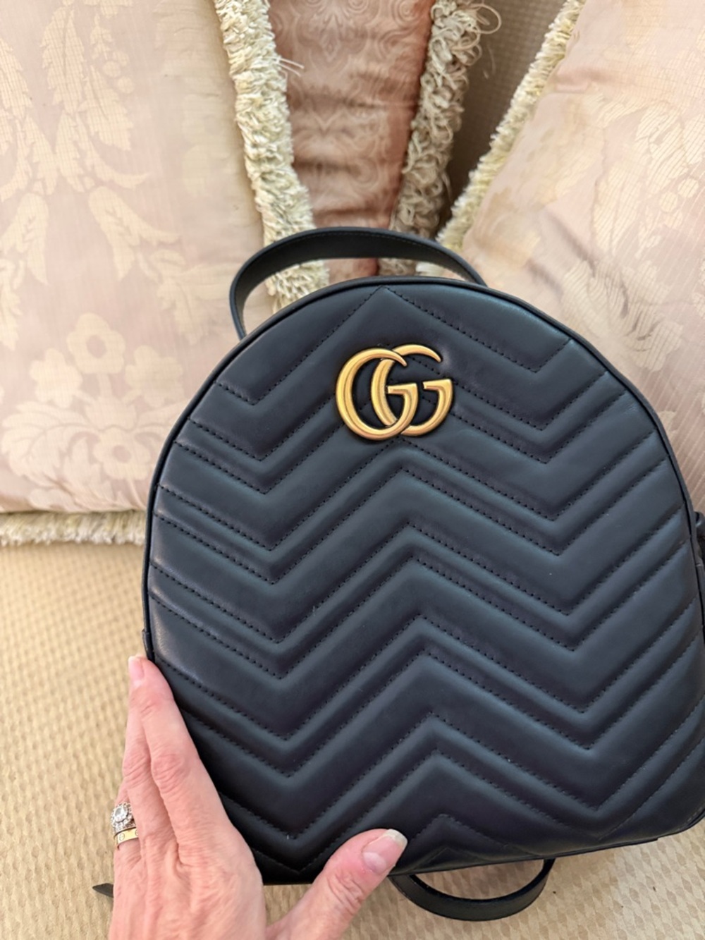 Gucci Black Chevron GG Marmont Mini Backpack with Gold Hardware. - Picture 11 of 12